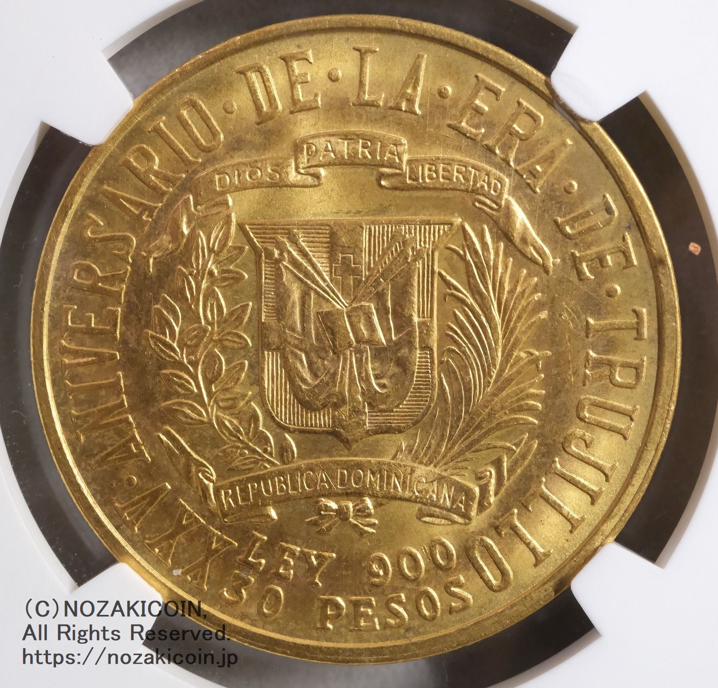 ドミニカ共和国 1955年 トルヒーヨ 30ペソ金貨 NGC MS61 – 野崎 ドミニカ共和国 1955年 トルヒーヨ 30ペソ金貨 NGC MS61 – 野崎