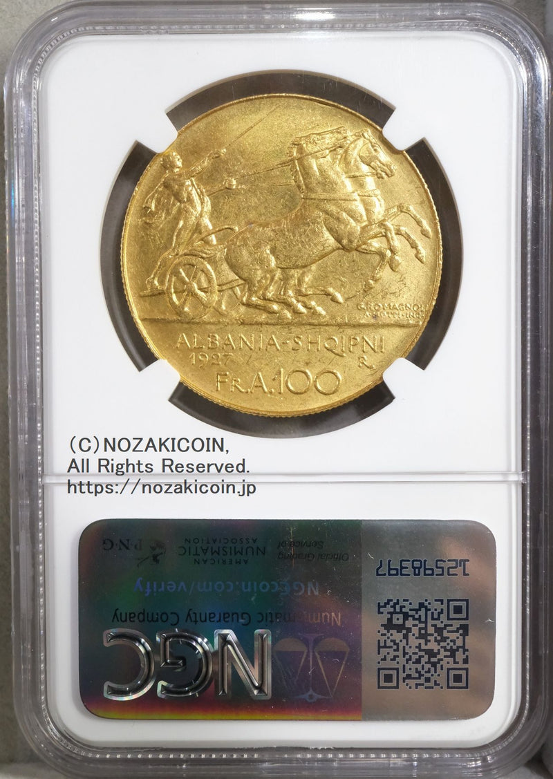 ゾグ1世 100フランガアリ金貨（星なし）1927R ローマ