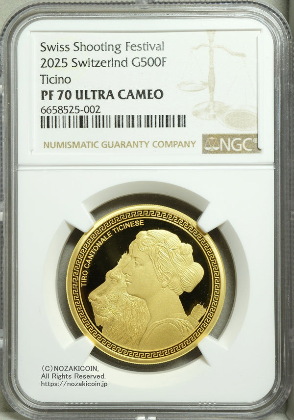 2025年発行スイス射撃祭ティチーノ500フラン金貨です。NGC70評価。