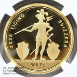 2025年発行スイス射撃祭ティチーノ500フラン金貨です。NGC70評価。