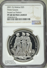 イギリス領セントヘレナ島 5ポンド銀貨プルーフ
デザインは大変人気のあるスリーグレイセスの図柄です
NGC PF68 ULTRA CAMEO