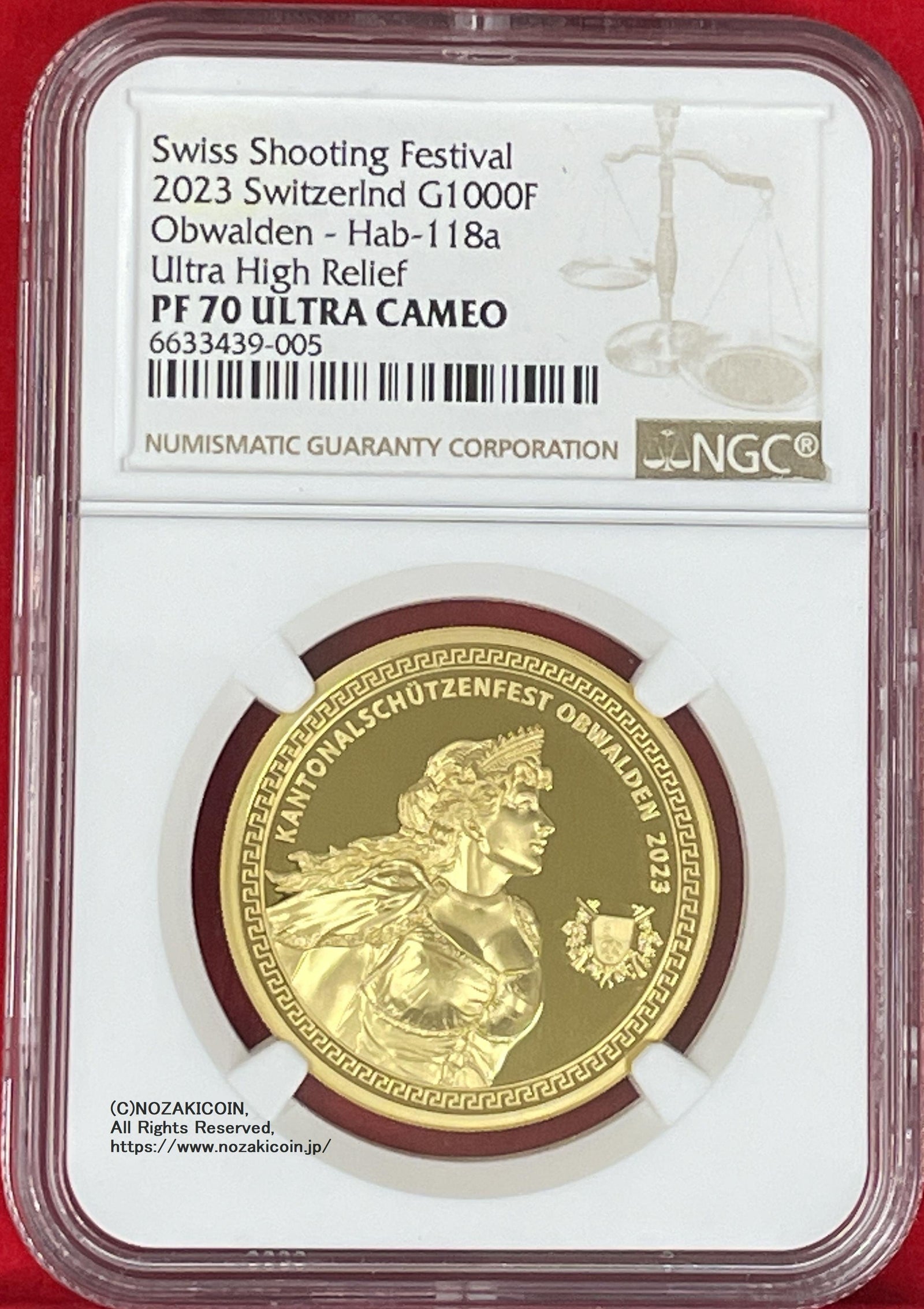 スイス 射撃祭 1000フラン金貨 2023 Obwalden Ultra High Relief NGC PF70 ULTRA CAMEO 005  – 野崎コイン