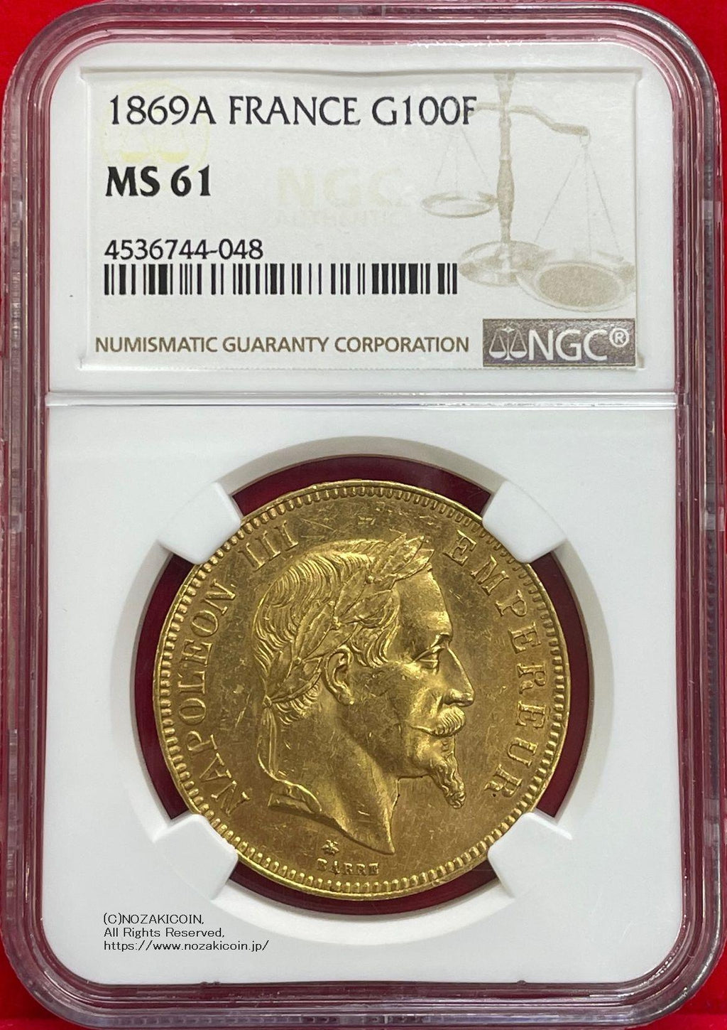 1862年 フランス ナポレオン3世 有冠 100フラン 金貨 NGC MS62 - 旧