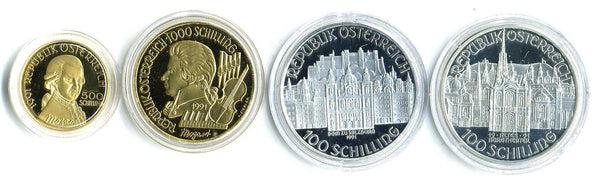 オーストリア　モーツァルト金貨・銀貨４種セット　１９９１年