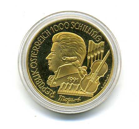 オーストリア　１０００シリング金貨　１９９１年