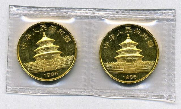 中国　パンダ金貨　５０元　１／２オンス　１９８６年　２枚連 - 野崎コイン