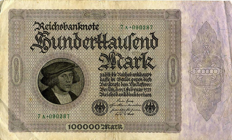 德国100,000马克通货膨胀纸币，1923年，状况一般到良好。 – 野崎コイン