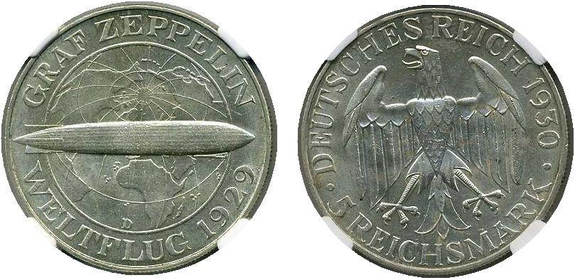 ドイツ ワイマール共和国 5マルク 1930年 グラフツェッペリン 未