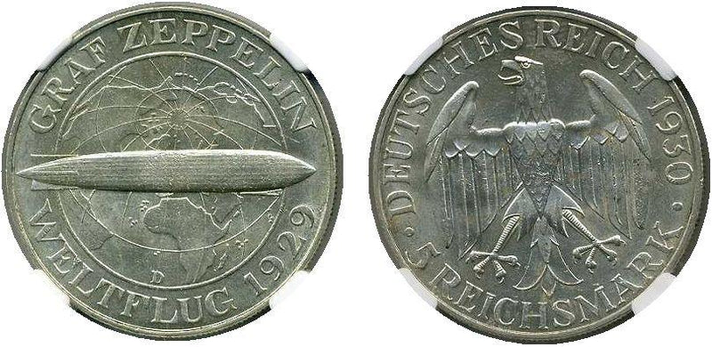ドイツ　ワイマール共和国　5マルク　1930年　グラフツェッペリン　未使用 - 野崎コイン