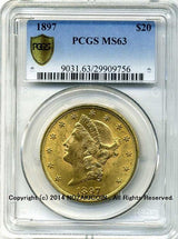 アメリカ　20ドル金貨　リバティヘッド　1897年　未使用　PCGS　MS63 - 野崎コイン