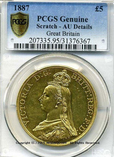 イギリス ヴィクトリア女王 ジュビリー 5ポンド金貨 1887年 PCGS AU