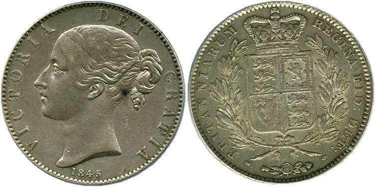 イギリス ヴィクトリア クラウン銀貨 ヤングヘッド1845年 PCGS AU50 – 野崎コイン