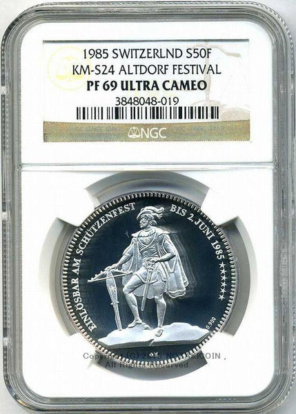 Swiss Shooting Festival 50 Franc Silver Coin 1985 Altdorf
