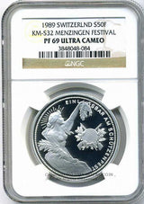 スイス 射撃祭 50フラン銀貨 1989 Menzingen NGC PF69 ULTRA CAMEO - 野崎コイン