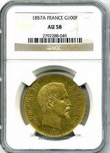 フランス　100フラン金貨　ナポレオン無冠　1857年A　極美品　NGC AU58 - 野崎コイン