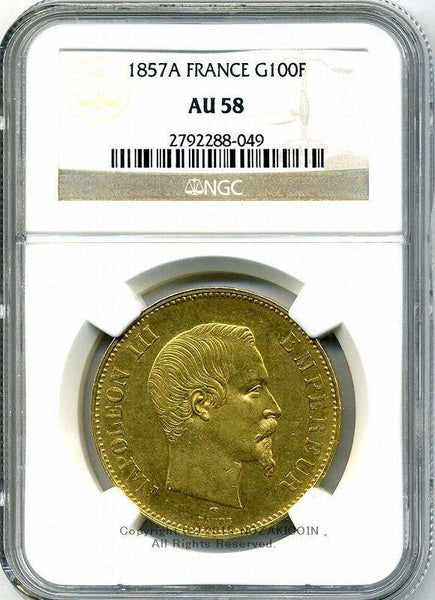 フランス 100フラン金貨 ナポレオン無冠 1857年A 極美品 NGC
