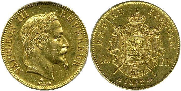 フランス　100フラン金貨　ナポレオン有冠　1862年BB　極美品　NGC AU53 - 野崎コイン