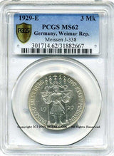 ドイツ　ワイマール共和国　3マルク　1929年　マイセン　未使用　PCGS MS62 - 野崎コイン