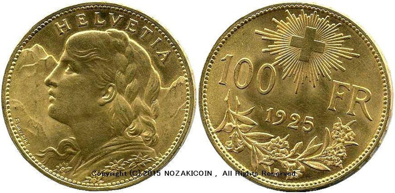 スイス　アルプスと少女　100フラン金貨　未使用　1925 - 野崎コイン