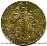 イタリア　50リレ金貨　建国50周年記念　1911年 - 野崎コイン