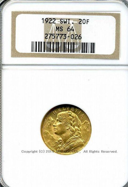 スイス ヘルヴェティア 20フラン金貨 1922 NGC MS64 026 – 野崎コイン