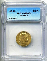 フランス　20フラン金貨　マリアンヌ　ルースター　1911　ICG MS65 - 野崎コイン