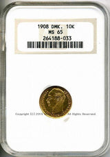 デンマーク　フレゼリク8世　10クローナ金貨　1908　NGC MS65　033 - 野崎コイン