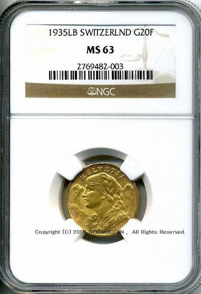 スイス ヘルヴェティア 20フラン金貨 1935 NGC MS63 003 – 野崎コイン