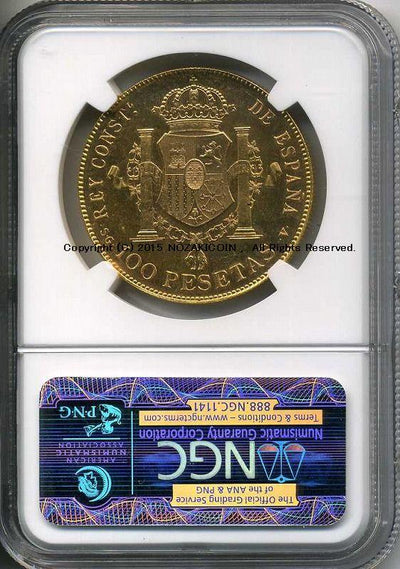 スペイン 100ペセタ金貨 1897年リストライク(61) アルフォンソ13世 NGC MS64 – 野崎コイン