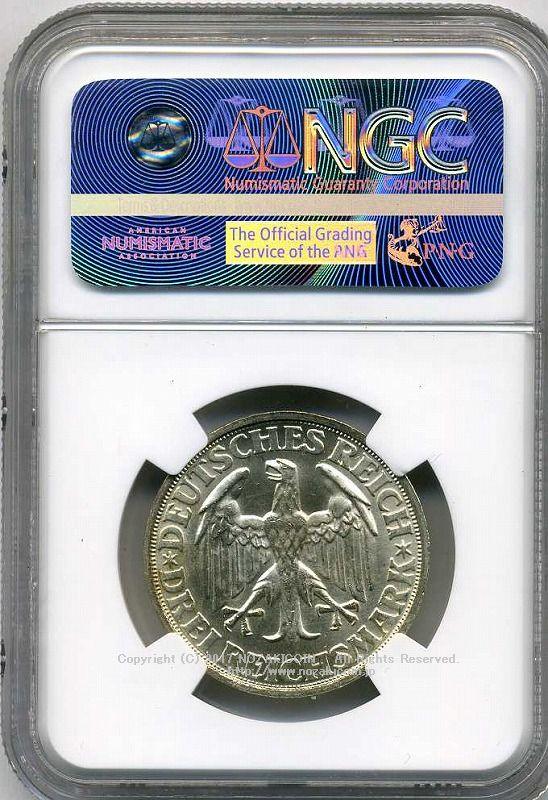 ドイツ　ワイマール共和国　3マルク　1928年　ディンケルスビュール　未使用　NGC MS64 - 野崎コイン