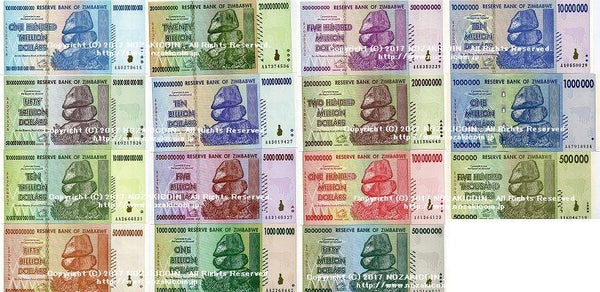 ジンバブエ　100兆ドル〜50万ドル　2008年　15種セット - 野崎コイン