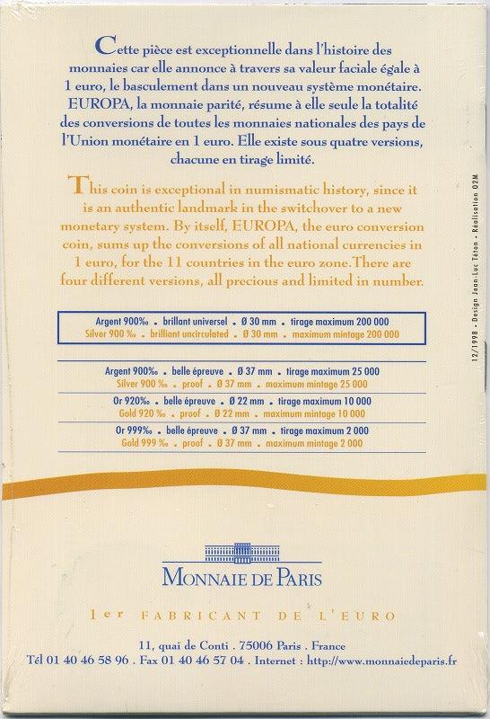 ヨーロッパ　６.５５９５７フラン（１ユーロ）銀貨　１９９９年 - 野崎コイン